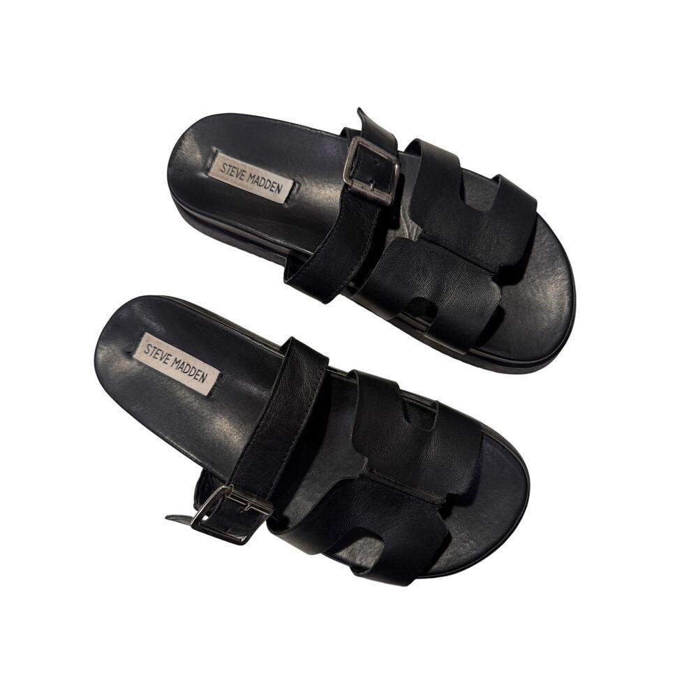 Steve Madden Black Leather Mayham Buckle Slide Sandals Women 8 Chic Comfort